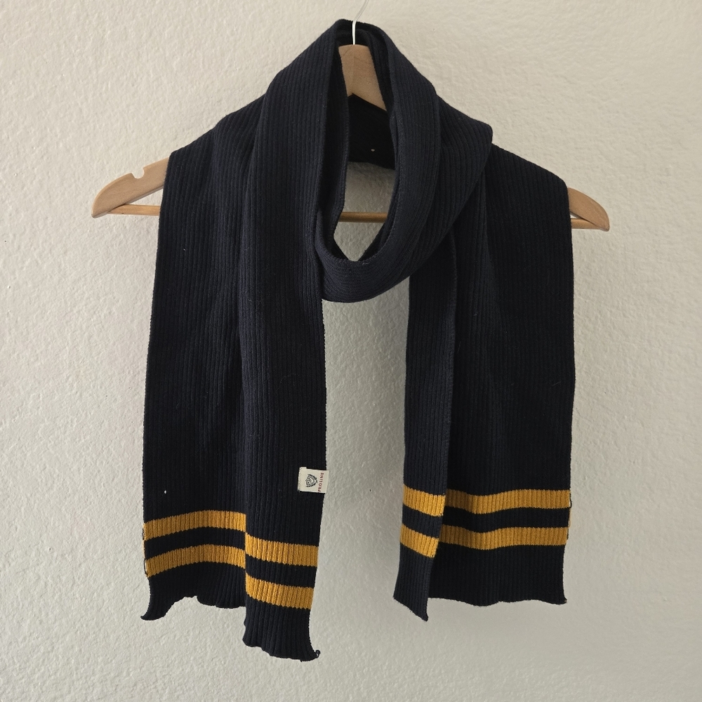 Navy Knit Scarf with Yellow Stripe Accents